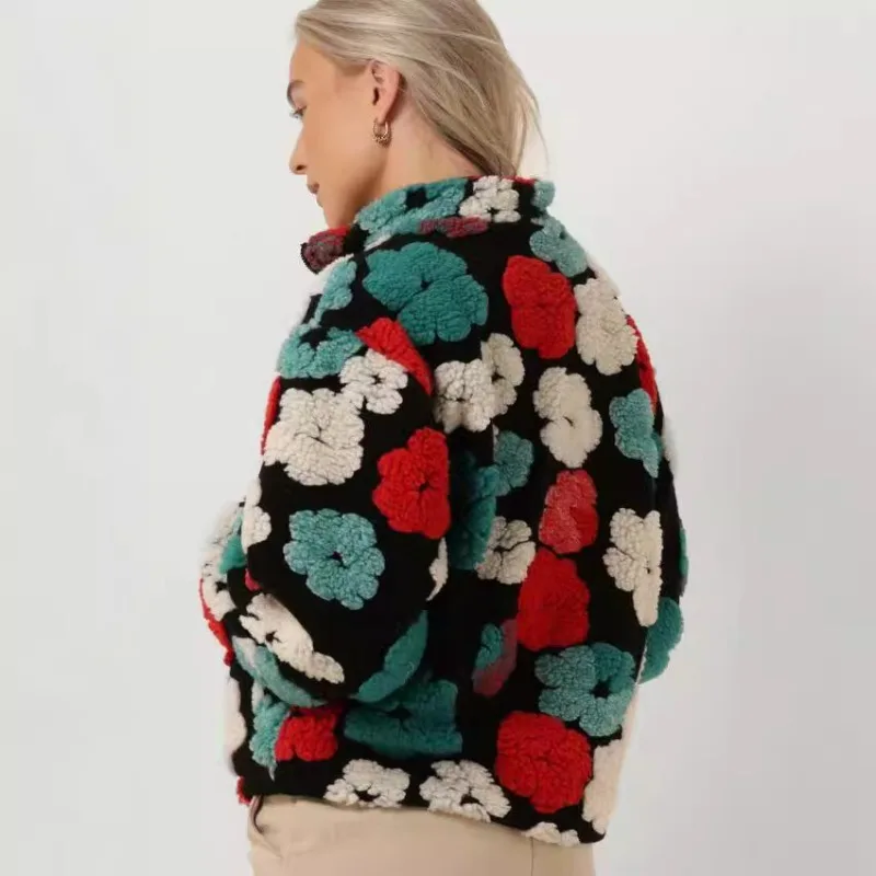 Women's Clothing Autumn Winter Coat Sweatshirt New Retro 3D Flowers Charm Loose Zipper Cardigan Coats Streetwear Short Jacket