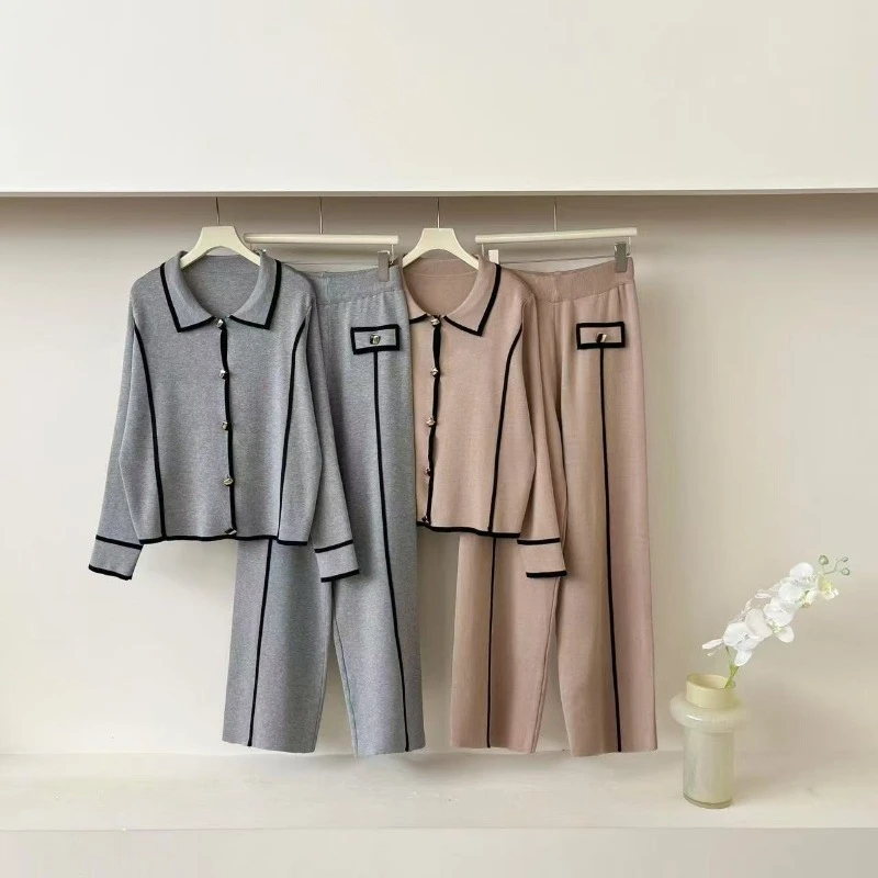 

Women Polo Neck Knitwears Sweater Cardigan Tops High Waist Wide Leg Pants Outfit New Chic Design Knitted 2 Piece Sets