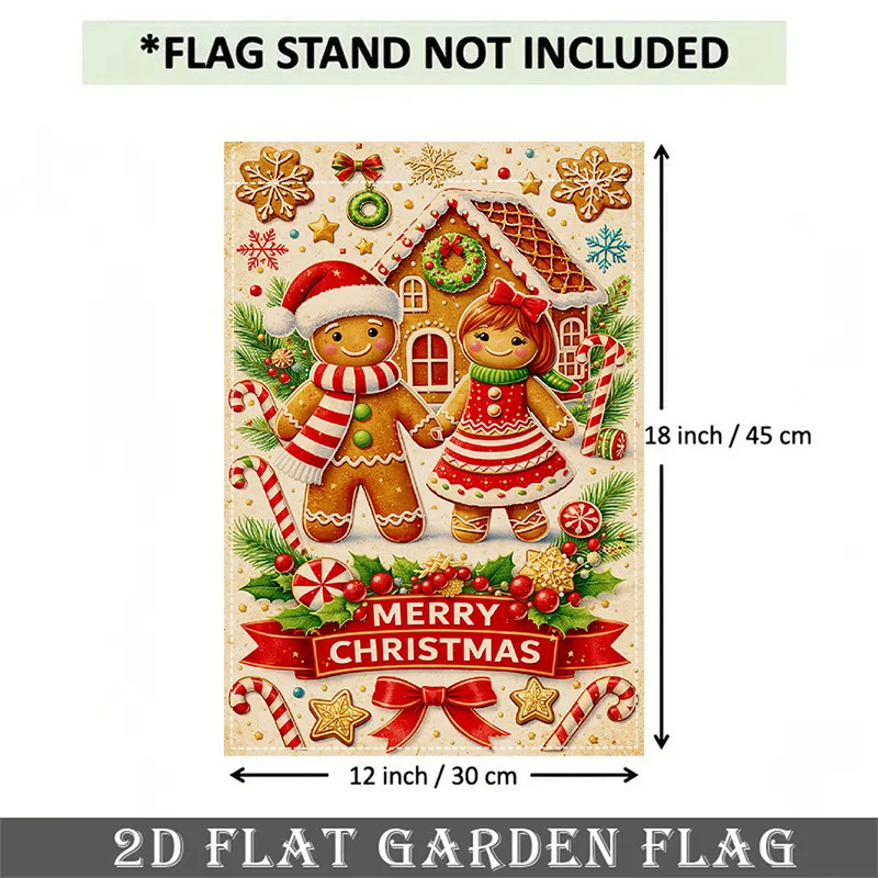1pc, 2D Flat Printing, Double-Sided Printing, No Electricity Needed Gingerbread Man Couple Pattern, Snowflake Christmas Wreath, Retro Warm Style, Red And Green Festive Color, Letter Blessing Elements, Porch Decoration, Garden Flag