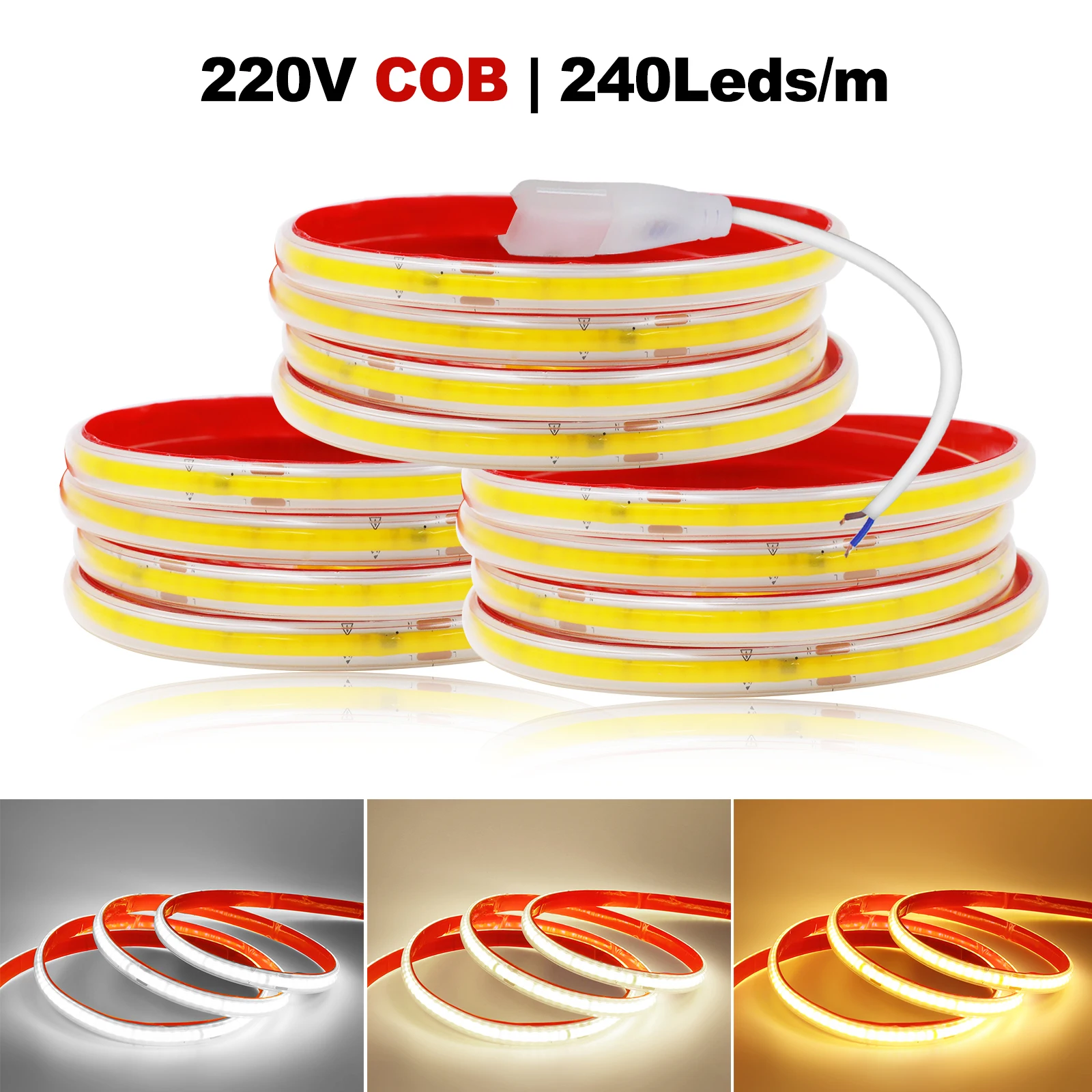 220V COB LED Strip Smart IC Lights IP65 Waterproof Tape Adhesive 10CM Cuttable Flexible Cabinet Wardrobe Home Lighting 10M 20M