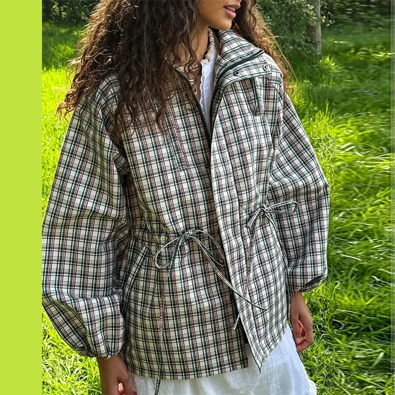 Retro Damen Karierter Kapuzen-Windbreaker mit Kordelzug-Taille, Langarm, Lose Passform, Freizeitjacke, 2026 Herbst Damen Neue Streetwear-Jacken – Detail 5
