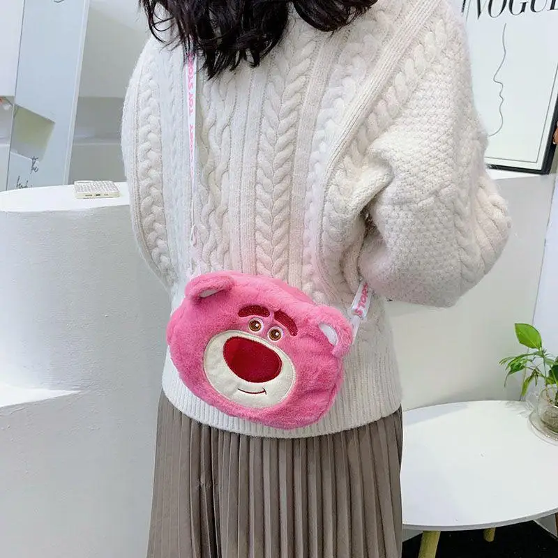 

Double-Sided Portable Plush Strawberry Bear Shoulder Bag Disney Girls Bag Toy Doll Cute Cartoon Large Capacity Storage Handbag