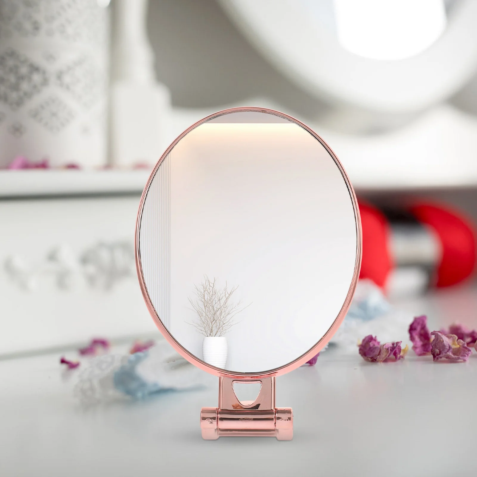 

Delicate Metal Desktop Double-sided Folding Mirror Portable Handheld Makeup Mirrors for Women (Golden, Oval)