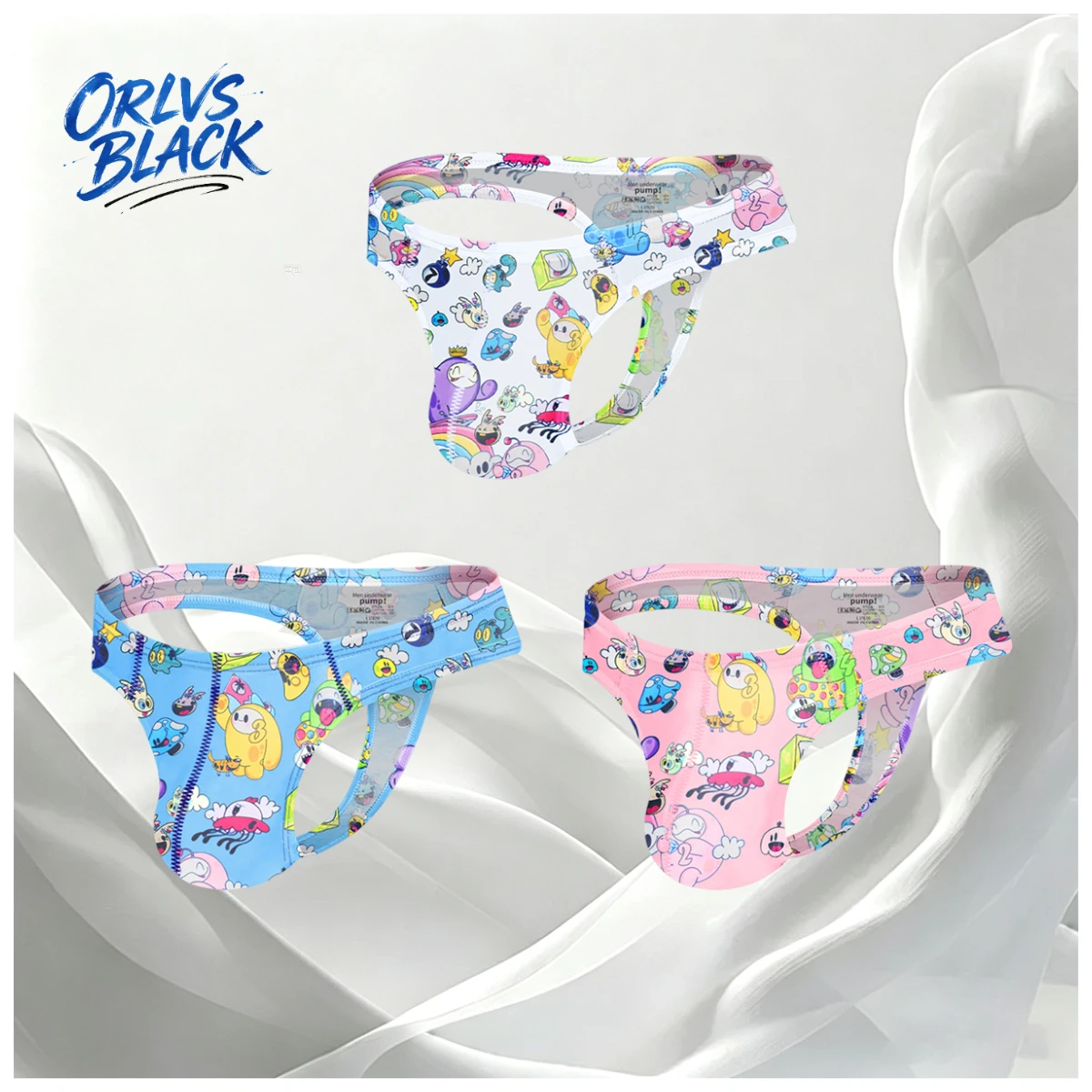 3PCS Colorful Cartoon Printed Mens Jockstrap Breathable Lightweight Open Back Fashion Sport Briefs MP2992