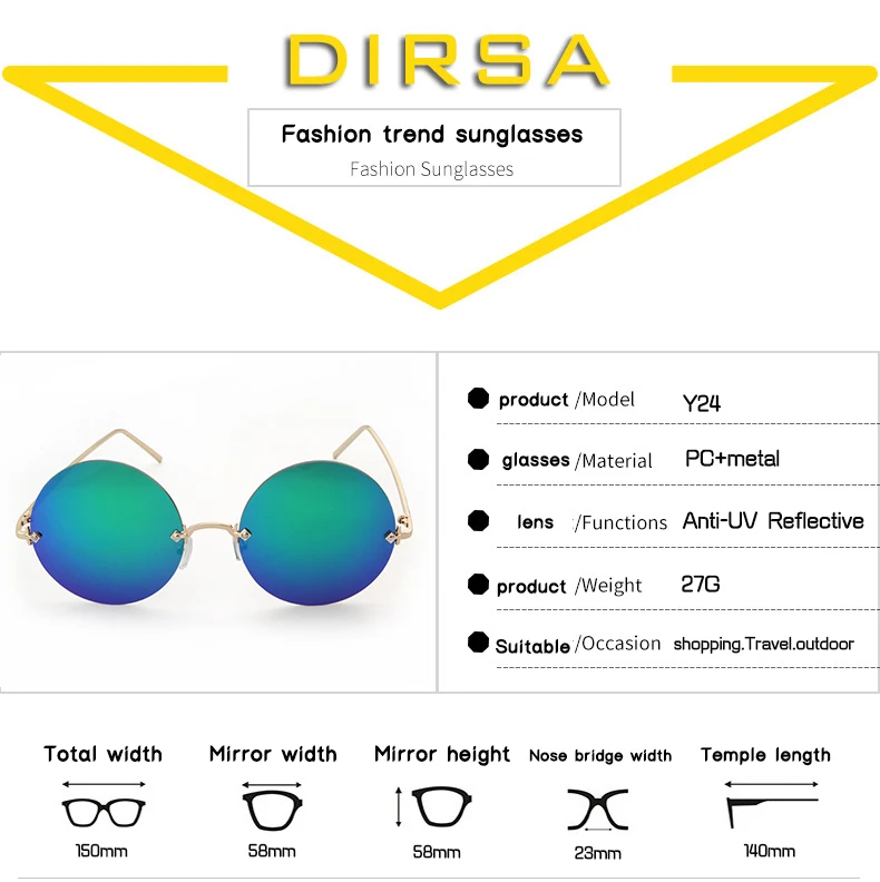 Fashion Lady Rimless Round Sunglasses Metal Female Trendy Reflective Blue Film Men Sun Glasses Cut Lens Spectacle Plain Eyewear