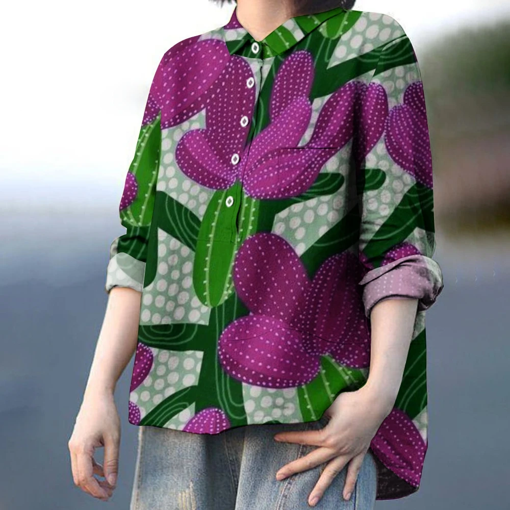 Casual Loose Lapel Shirt with Purple Cactus Print, Long Sleeve Tops, Chic Wear, High Quality Blouse, Fun Art, Fashion Trend, New