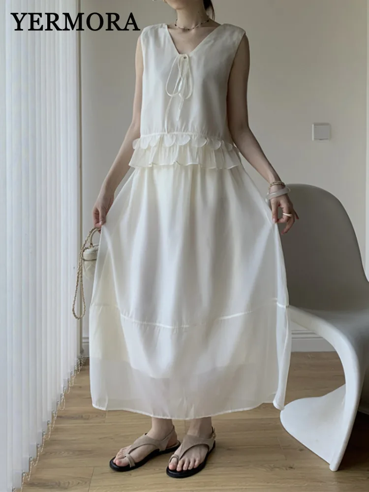 

YERMORA Women Two Pieces Set White Pleated Hem Tops Loose New High Elast Waist Brief Skirt Fashion Tide Spring Summer 2025