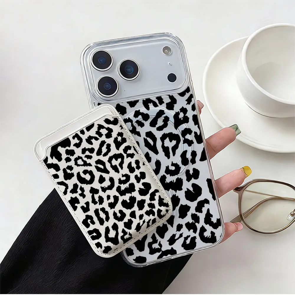 Black Leopard Print For Magsafe wallet Magnetic Card holder Phone Case For iPhone 17 16 13 16 15 12 14 Pro Max 16 14 Plus Cover