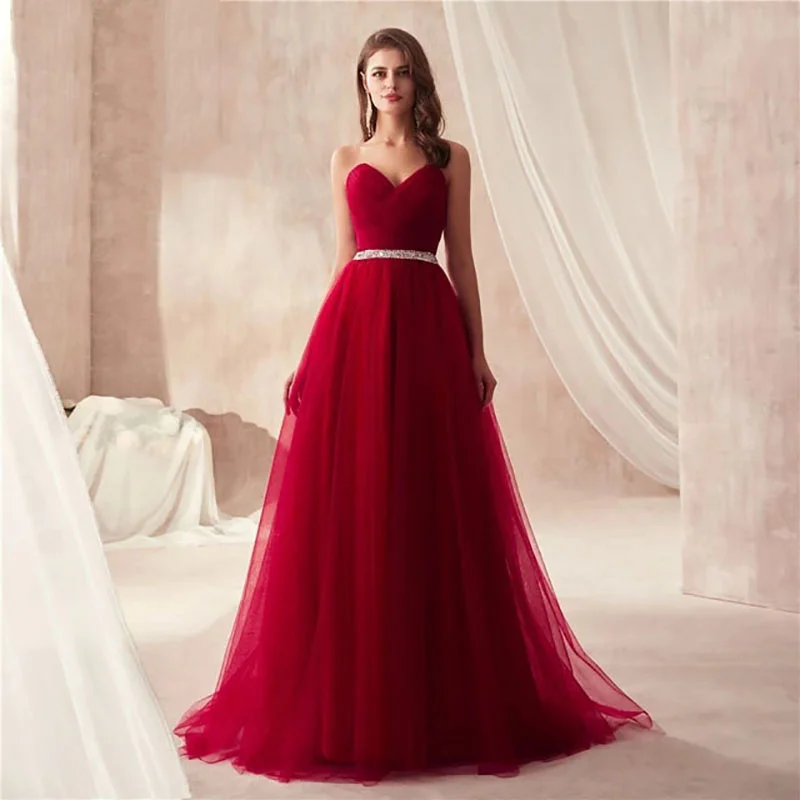 Simple Tulle A Line Strapless Beads Sashes Pleat Floor Length Bridesmaid Dresses Wedding Party Prom Homecoming Birthday Cocktail