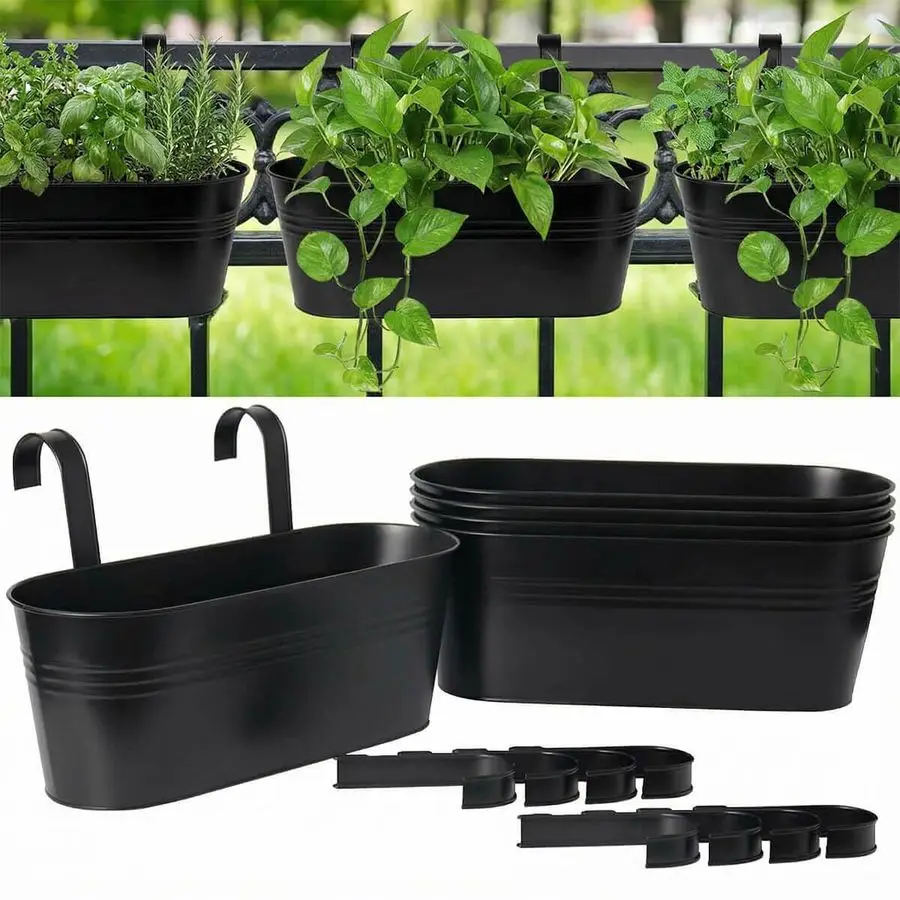 

16-дюймовые подвесные кашпо для растений на перила, 5 штук, большие металлические балконные кашпо с отсоединяемыми крючками и дренажными отверстиями, Ova