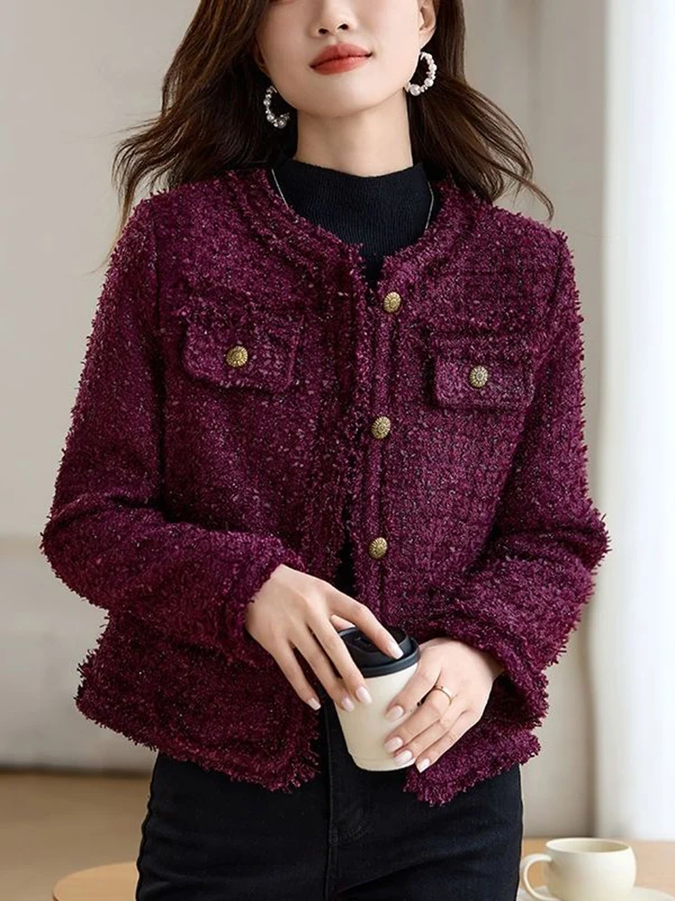 Jmprs Elegant Women Vintage Tweed Jacket Casual Fall Winter O Neck Slim Coat Korean Retro Long Sleeve Female All Match Sweet Top