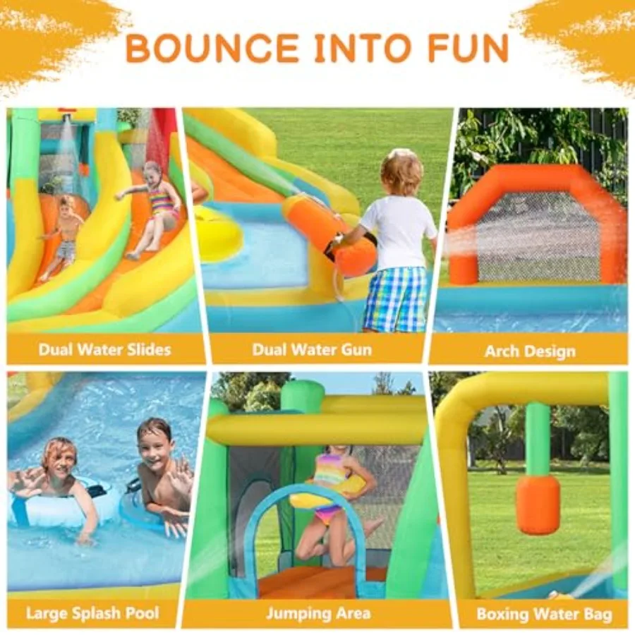 Opblaasbaar springhuis, springende buitenluchtkasteel uitsmijter dubbele waterglijbaan met 750W luchtblazer (250" x 157,5" x 90,6" H