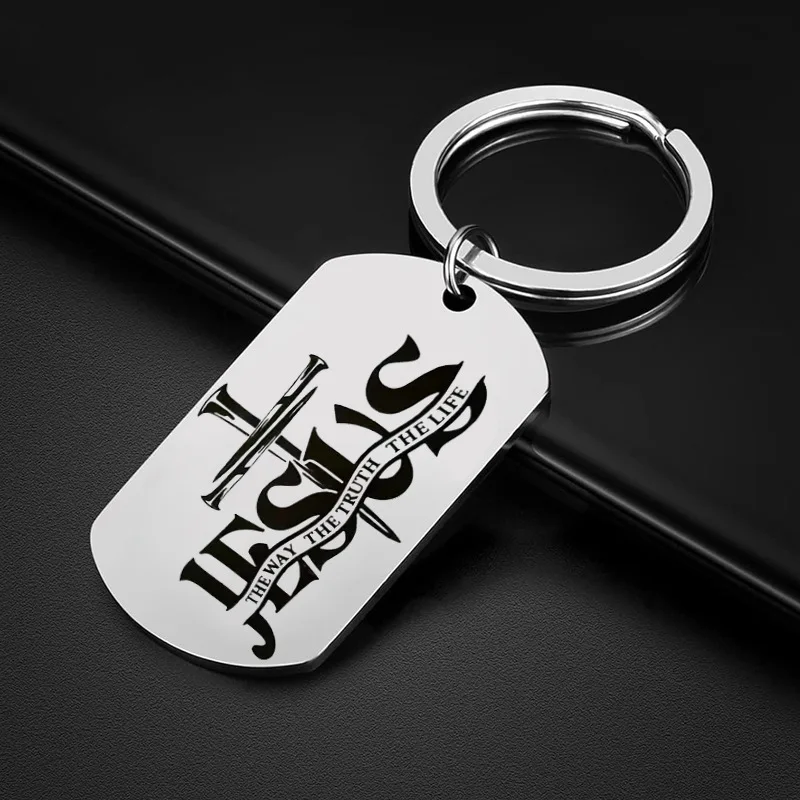 Jesus Crucifix Cross Dog Tag Keychains Stainess Steel Christian Bible Verse Key Chain Jewelry