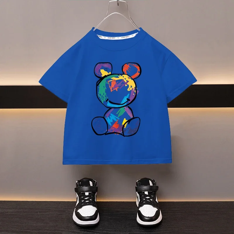 Boys Cotton T-shirt Cartoon Graffiti Bear Printed Girls Tees Summer Short Sleeve Children Tops High Quality Casual Kids Clothes