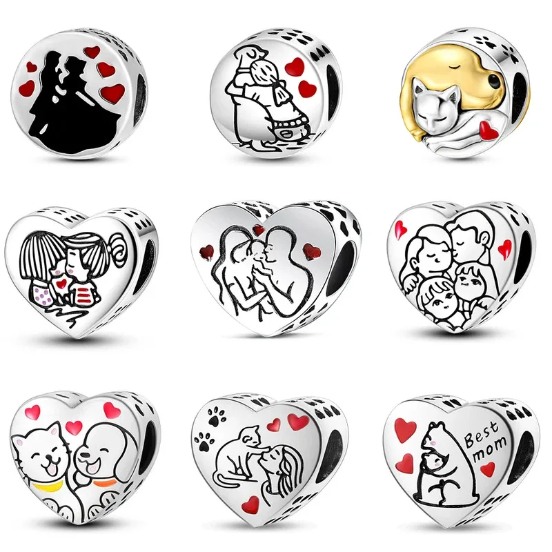 

Silver Plated Heart Sister Mom Love Charms Puppy Fit Original Bangle Friends Beads Pendent Dangle Bracelet DIY Jewelry for Women