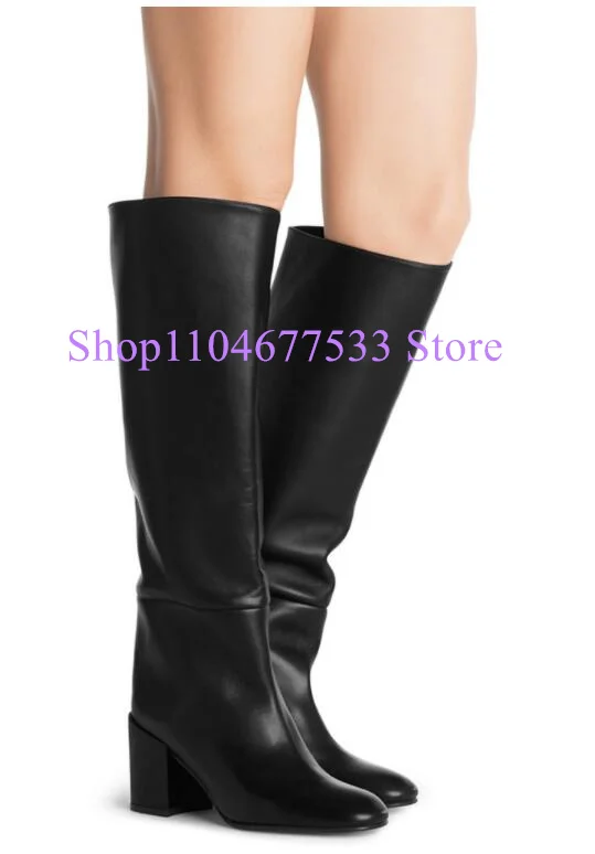 

Black Leather Chunky Heel Woman Knee High Boots Fashion Round Toe Thick Heel Lady Long Boots Large Size Banquet Shoes