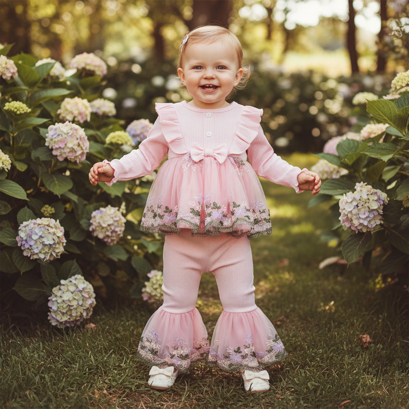 ملابس خريف وشتاء للأطفال الصغار البنات مطرزة بالزهور وأكمام طويلة على شكل حرف A وقيعان جرس مكونة من قطعتين