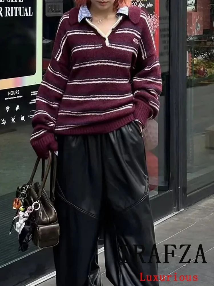 

TRAFZA High Street Chic женский вязаный свитер в стиле пэчворк, вязаный прямой свитер с длинными рукавами, модные осенние топы для школьниц 2023 года
