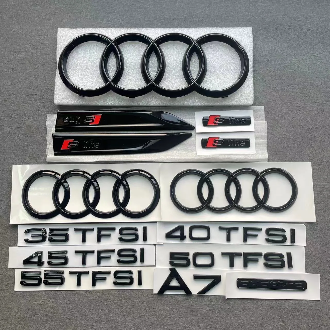 AUDI A7 4Ring logo ABS Black Car Hood Front Grill Rear Trunk Sticker A7 Sticker Quarrto  Sline 45TFSI 55TFSI 40TFSI Emblem