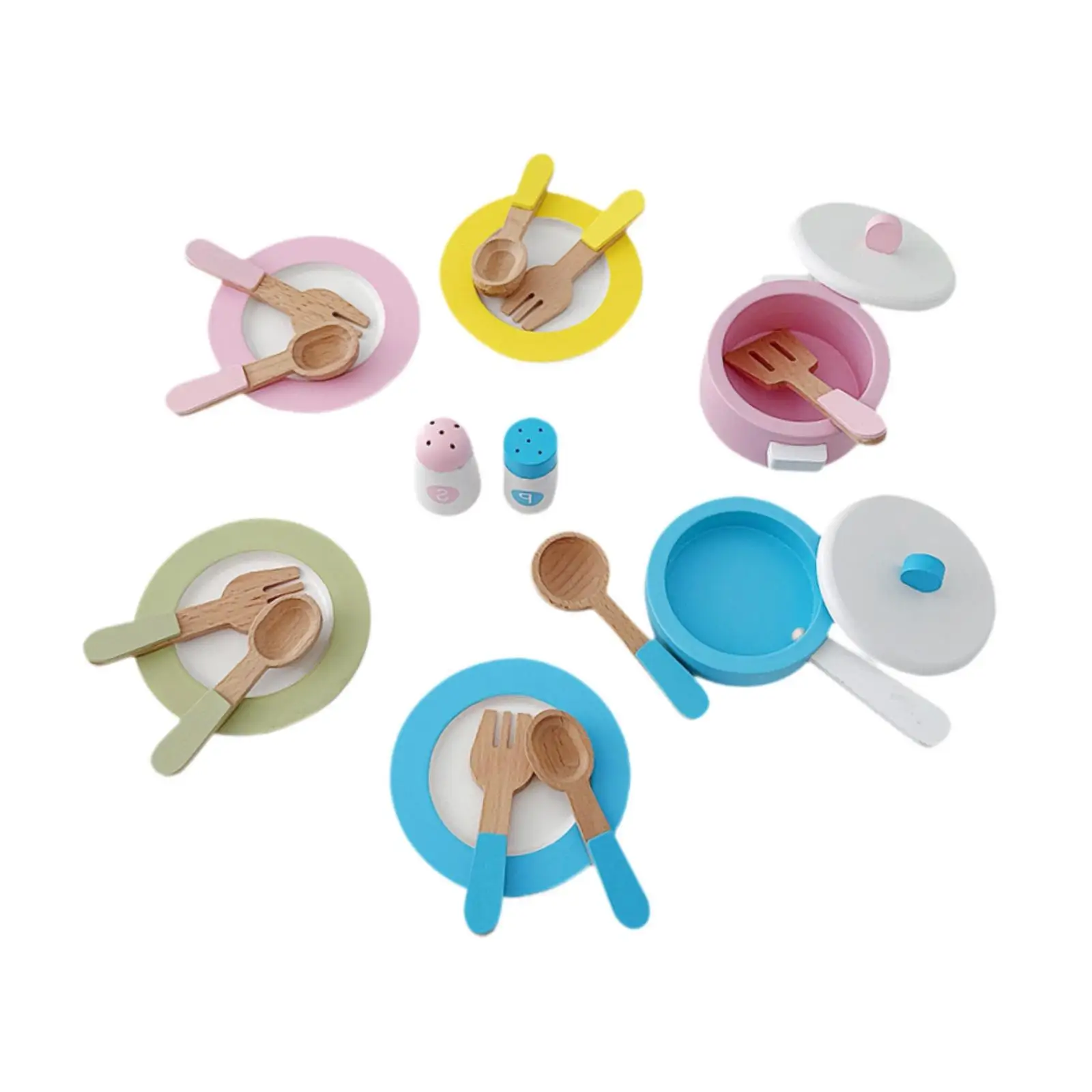 Multicolor Wooden Kids Kitchen Play Dishes Educational Pretend Cooking Set Realistic Simulation Tableware for Nursery School