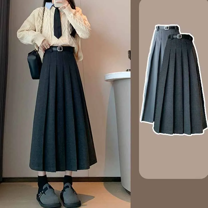 

Vintage Autumn Winter Woolen Skirts Female Korean Fashion Temperament Long Skirt Women Elegant Chic High Waisted Pleated Skirts