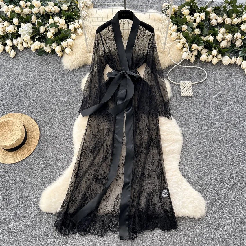 

Новая мода весна-лето женские кружевные кардиганы блузки солнцезащитная одежда элегантные женские длинные рубашки с расклешенными рукавами верхняя одежда 2515