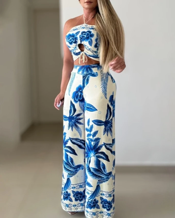 Two Piece Set Women Outfit 2025 Blue and White Porcelain Printing Halter Lace Up Crop Tank Casual High Waist Wide Leg Pants Set