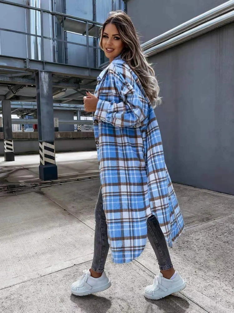 Women Autumn Jacket Fashion Long Plaid Shirt Coats Winter Cardigan Flannel Shirt Jacket Loose Oversized Checkered Shirt Chaqueta