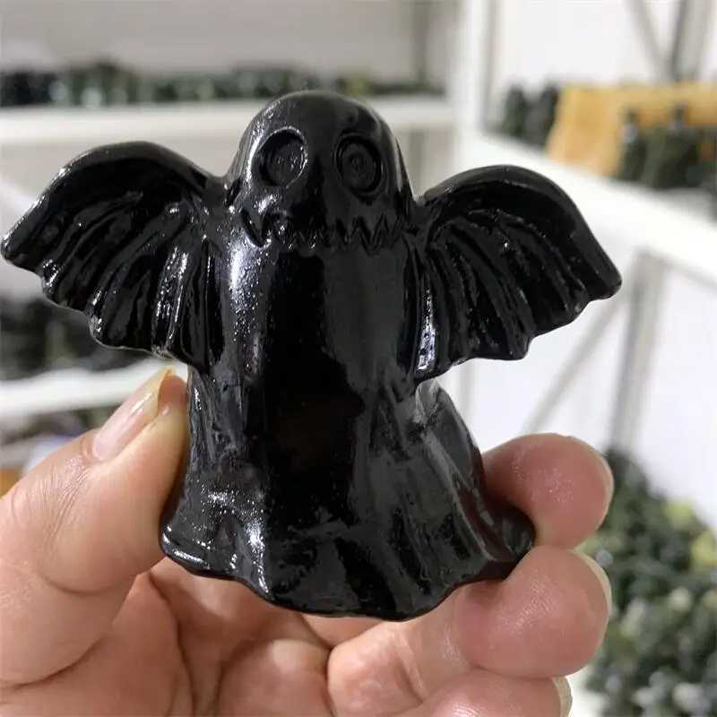 

Natural Black Obsidian Halloween Ghost Carving Healing Crystal Reiki Stones Gift Room Decoration 1PCS