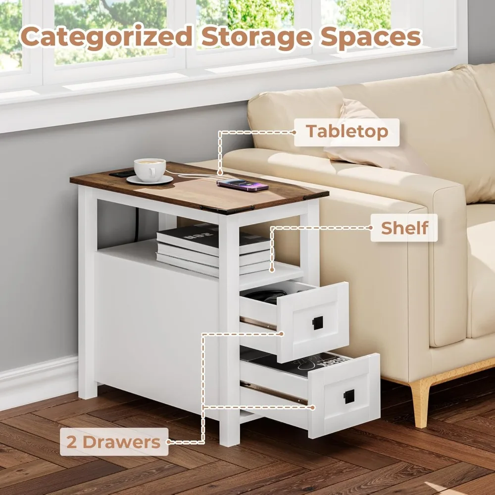 Meja Nakas Gaya Pedesaan dengan Stasiun Pengisian Daya dan Dua Laci, Meja Samping Tempat Tidur Model Pintu Gudang dengan Rak, Meja Samping Bergaya Pedesaan