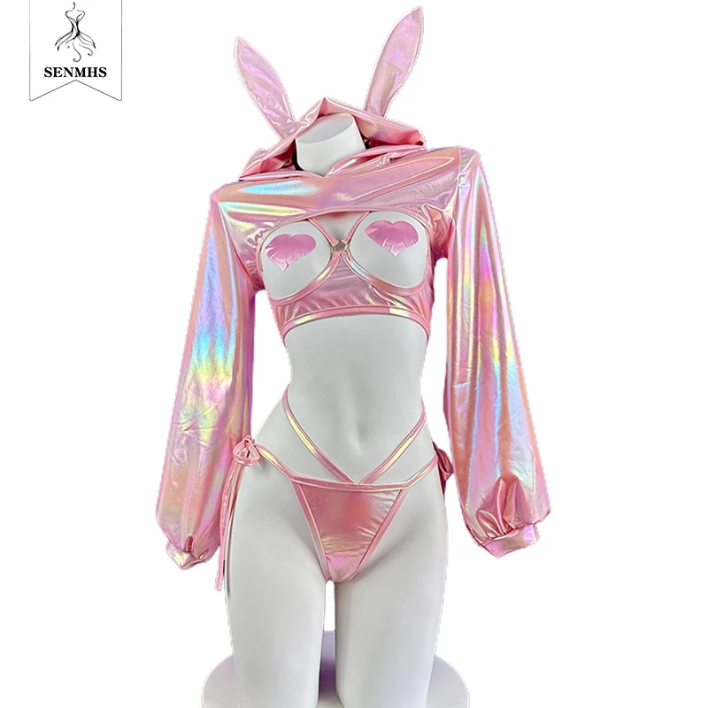 SENMHS Sexy Lingerie Anime Bunny Girl Cosplay Pink Laser Patent Leather Bikini Rabbit Girl Shiny Halloween Underwear