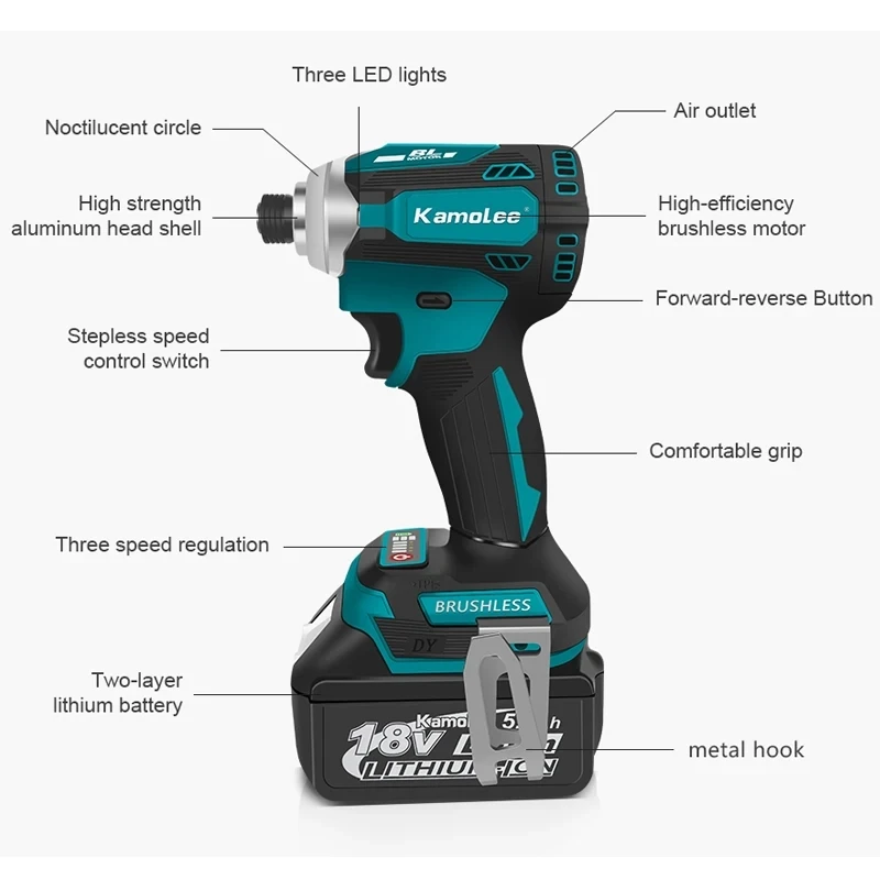 Kamolee 588Nm Cordless Electric Impact Brushless Wrench 5 Speed Screwdriver Power Tool 1/4