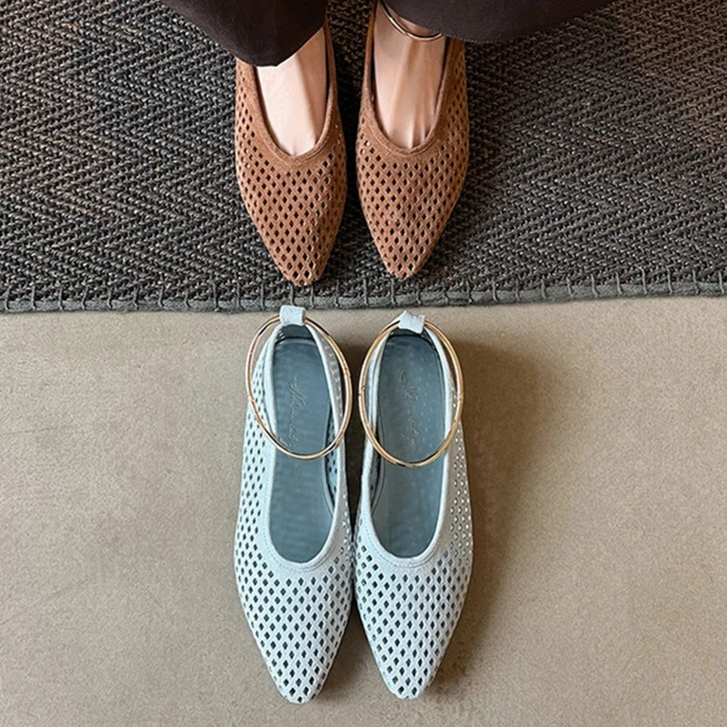 Women's Leather Flats with Ankle Strap - Office Casual Shoes