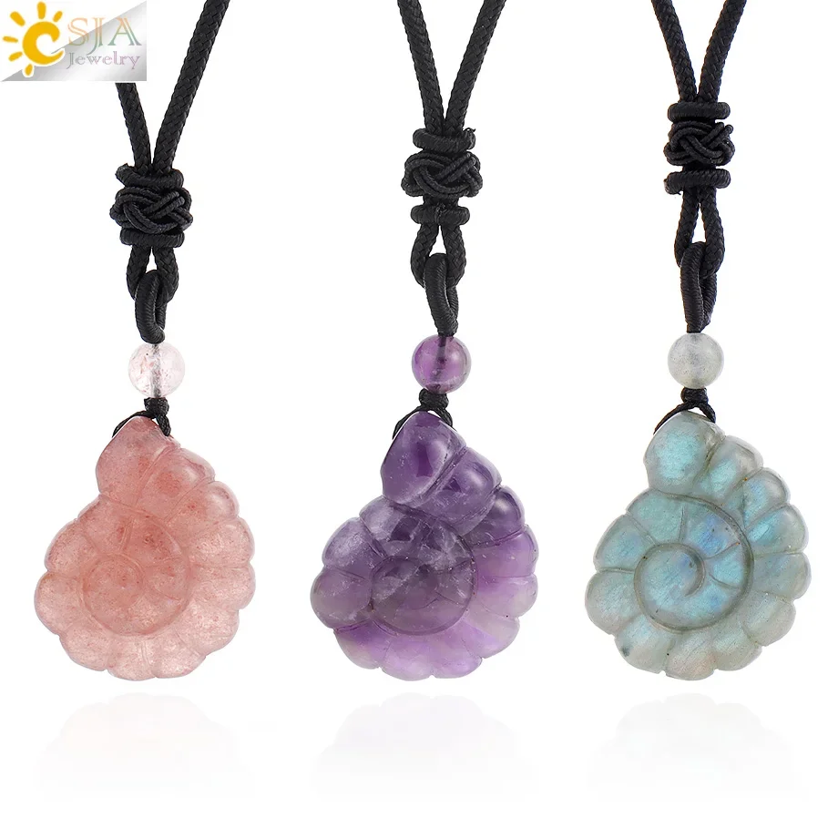 Snail Design Crystal Pendant Necklace Handmade Carved Statu Healing Spiral Conch Pendants Summer Jewelry for Women Gift H685