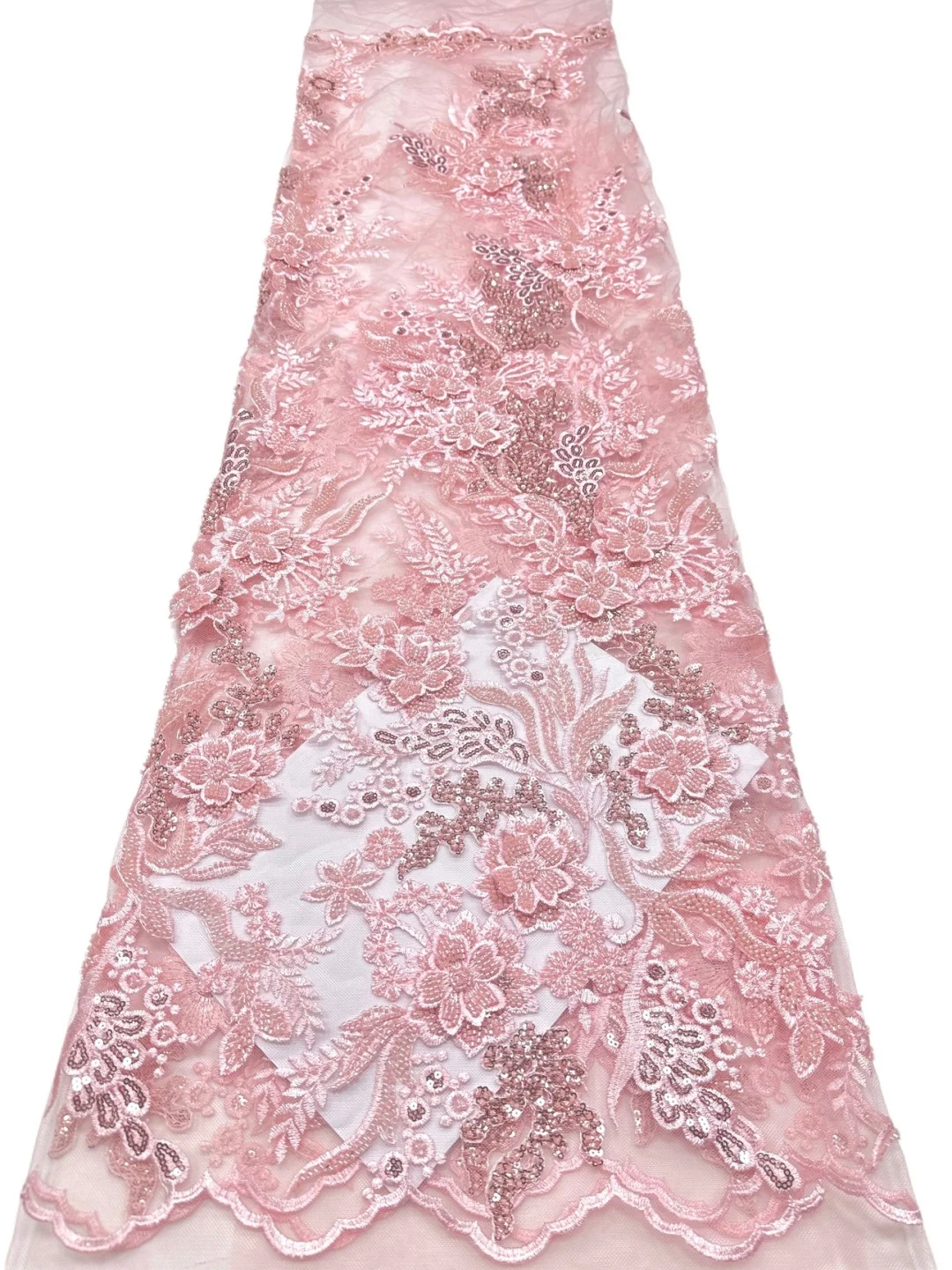 5 Yards Blush Pink 3D Floral Beaded Lace Fabric, Luxury Tube Bead & Sequin Embroidery on Sheer Tulle for Wedding Gown