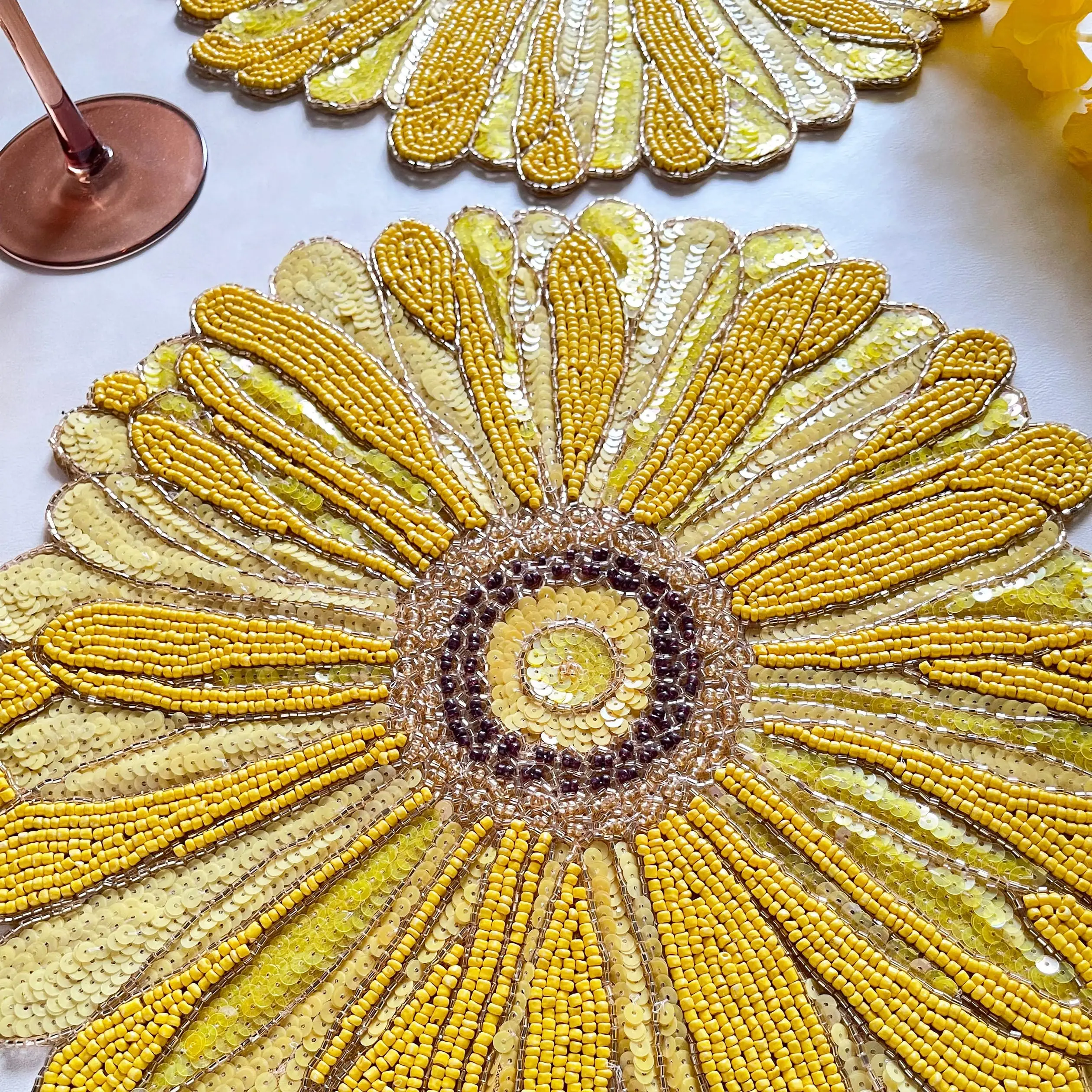 Handmade Beaded placemat, Floral Yellow tablemat, 14 inch, Charger Plate | Set of 2