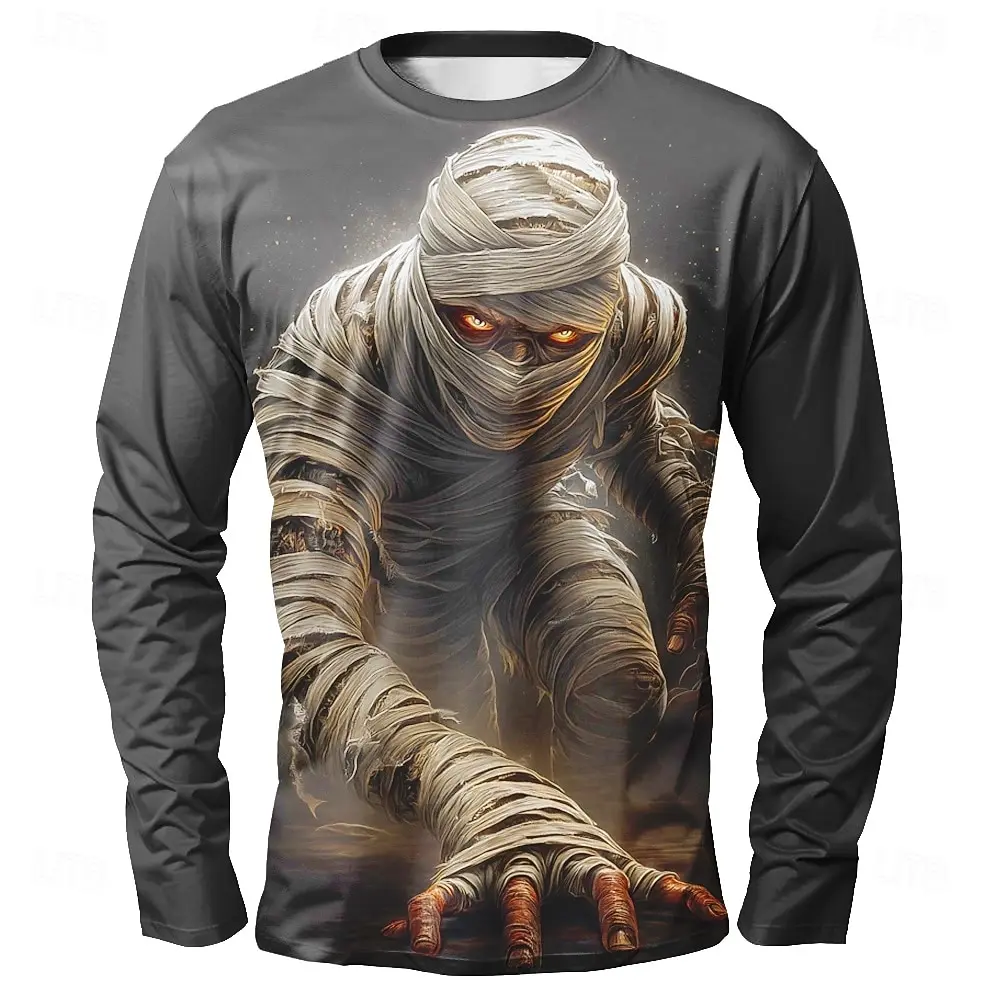 Men's 3D Halloween Mummy Horror Pattern Print Long Sleeve T-shirt Daily Versatile Round Neck Polyester Party Long Sleeve