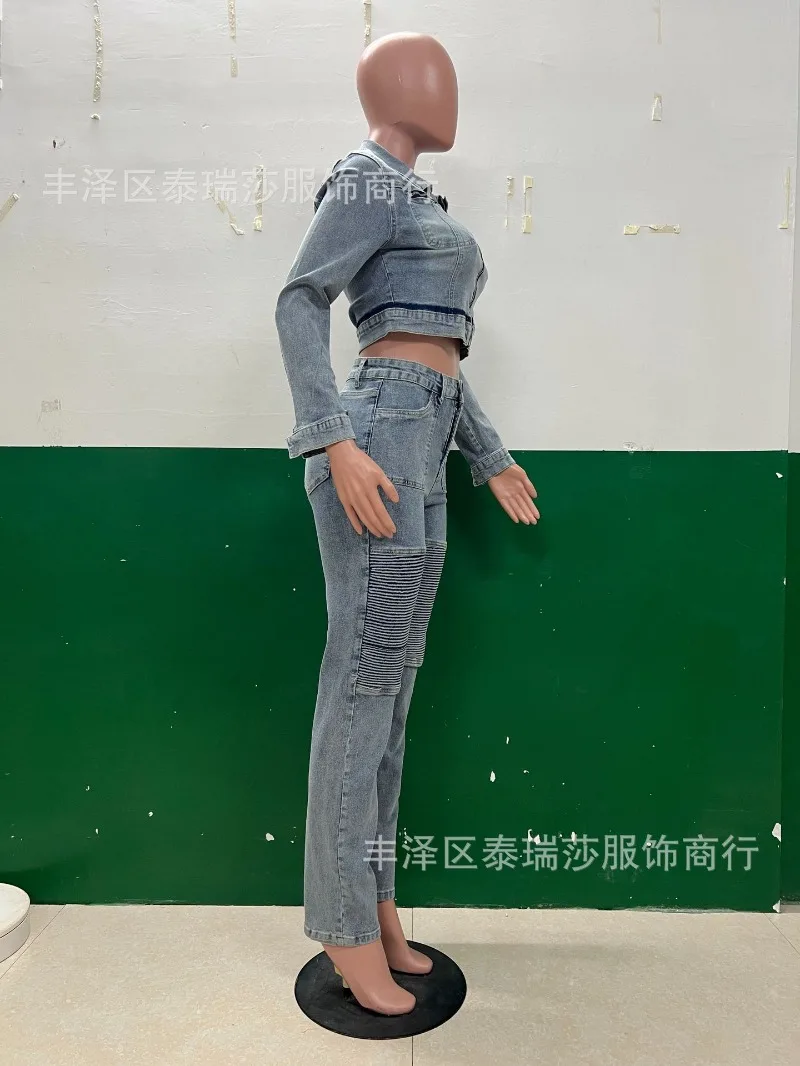 الدنيم 2 قطعة مجموعة النساء تمتد رفض طوق سحابات أكمام طويلة جاكيتات بلايز + عالية الخصر سروال شكل قلم رصاص السببية الجينز الدعاوى #4