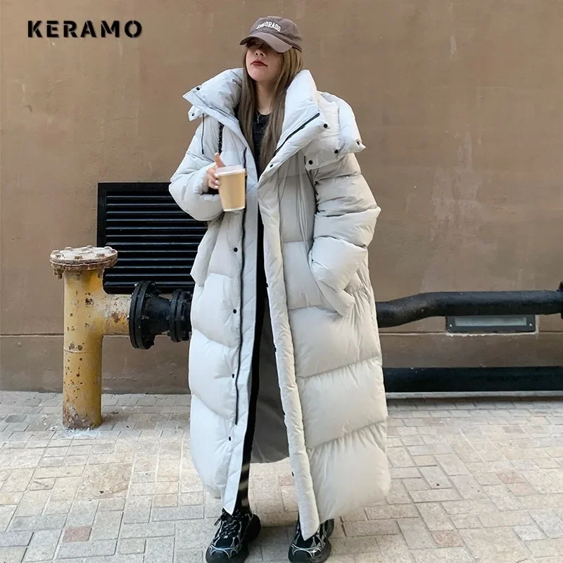 2024 Winter Women Casual Long Sleeve Outerwear Solid Color Hooded Maxi X-Long Parkas Jacket Oversized Single Breasted Warm Coat