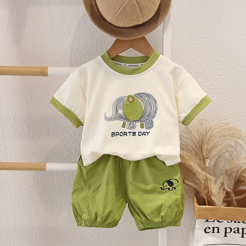 2025 New Summer Boys' Casual Style Set O Neck Elephant Printed Tee and Shorts Kids 2pcs Suit Children's Clothes Outfit