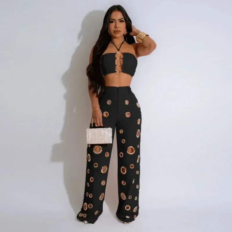 

GUWU Sexy Night Party 2 Piece Sets Women Outfit Clubwear Festival Clothing Halter Crop Top and Pants Conjuntos Femininos