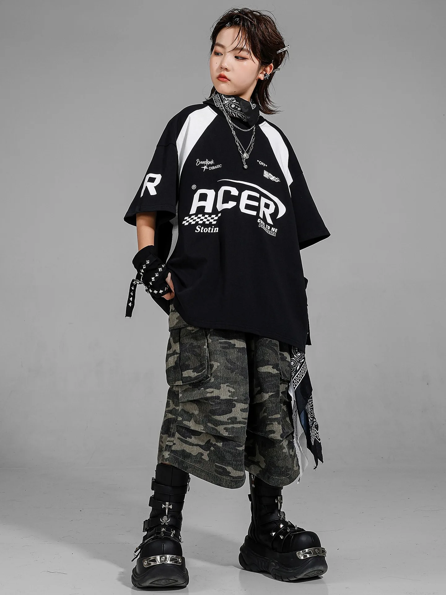 2025 Kids Trendy Clothes Hip-hop Clothes Boys Street Dance Jazz Dance Costumes Top Camouflage Shorts Suit Stage Wear DQL11064
