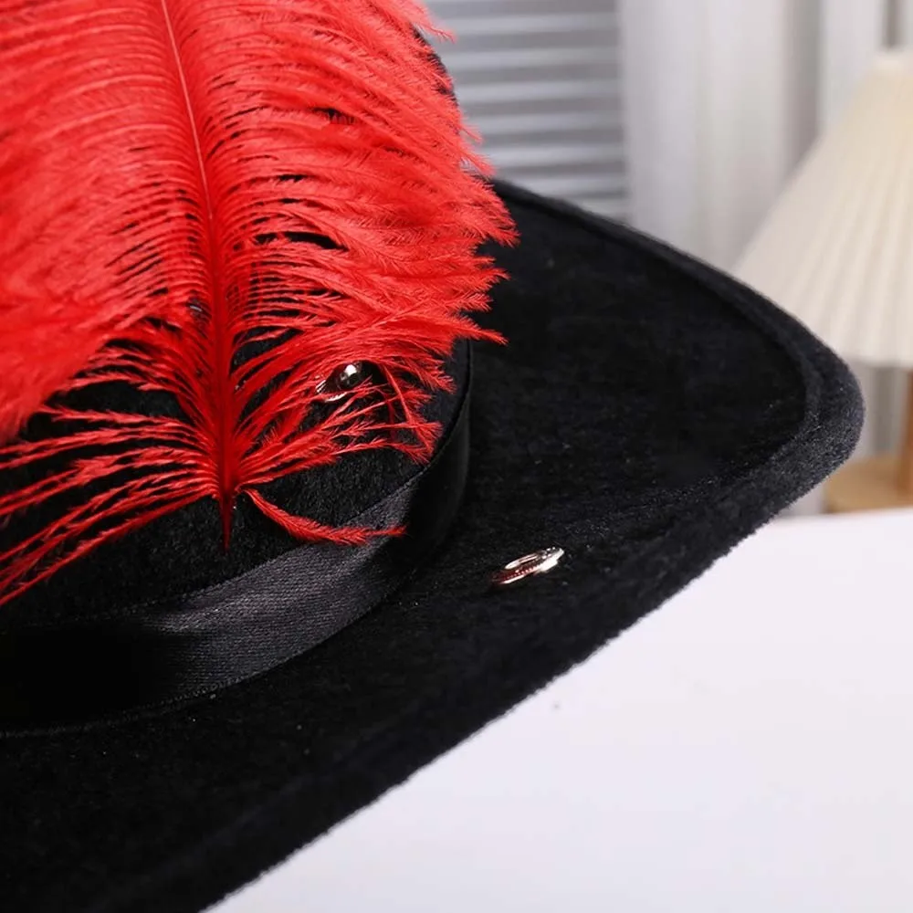 Felt Cavalier Top Hat Wide Brim Artificial Feather Feather Stage Cap Flat Top Retro Style Masquerade Headwear Stage Performance