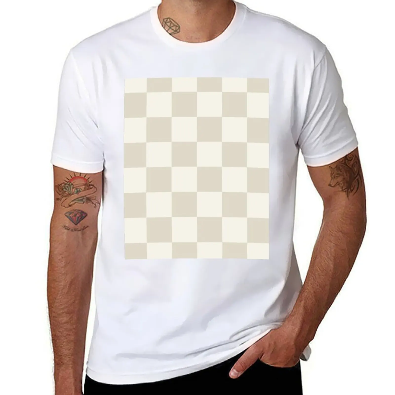 

Checkerboard Check Geometric Checked Pattern in Mushroom Beige and Cream T-Shirt cute clothes sweat t shirt men 100℅ cotton