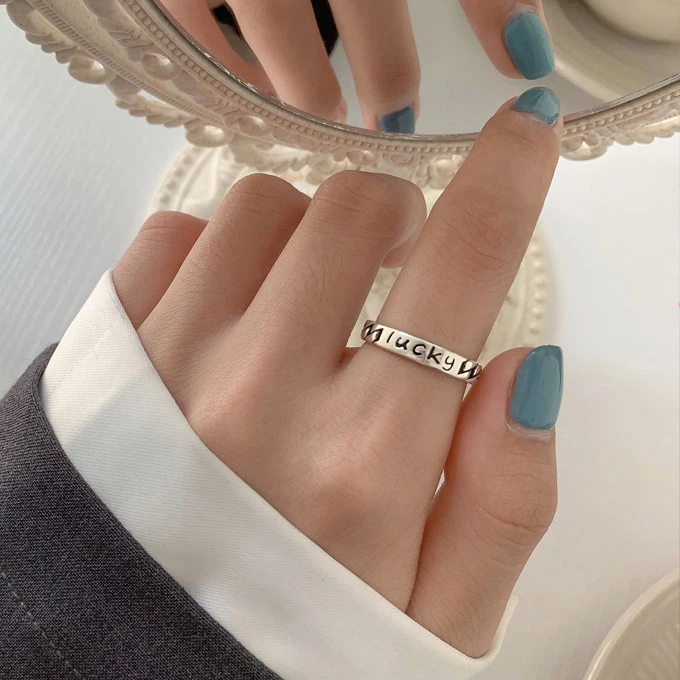 MEETSOFT-anillos de plata 925 con letras de la suerte para mujer, cadena ajustable, joyería fina, accesorios minimalistas