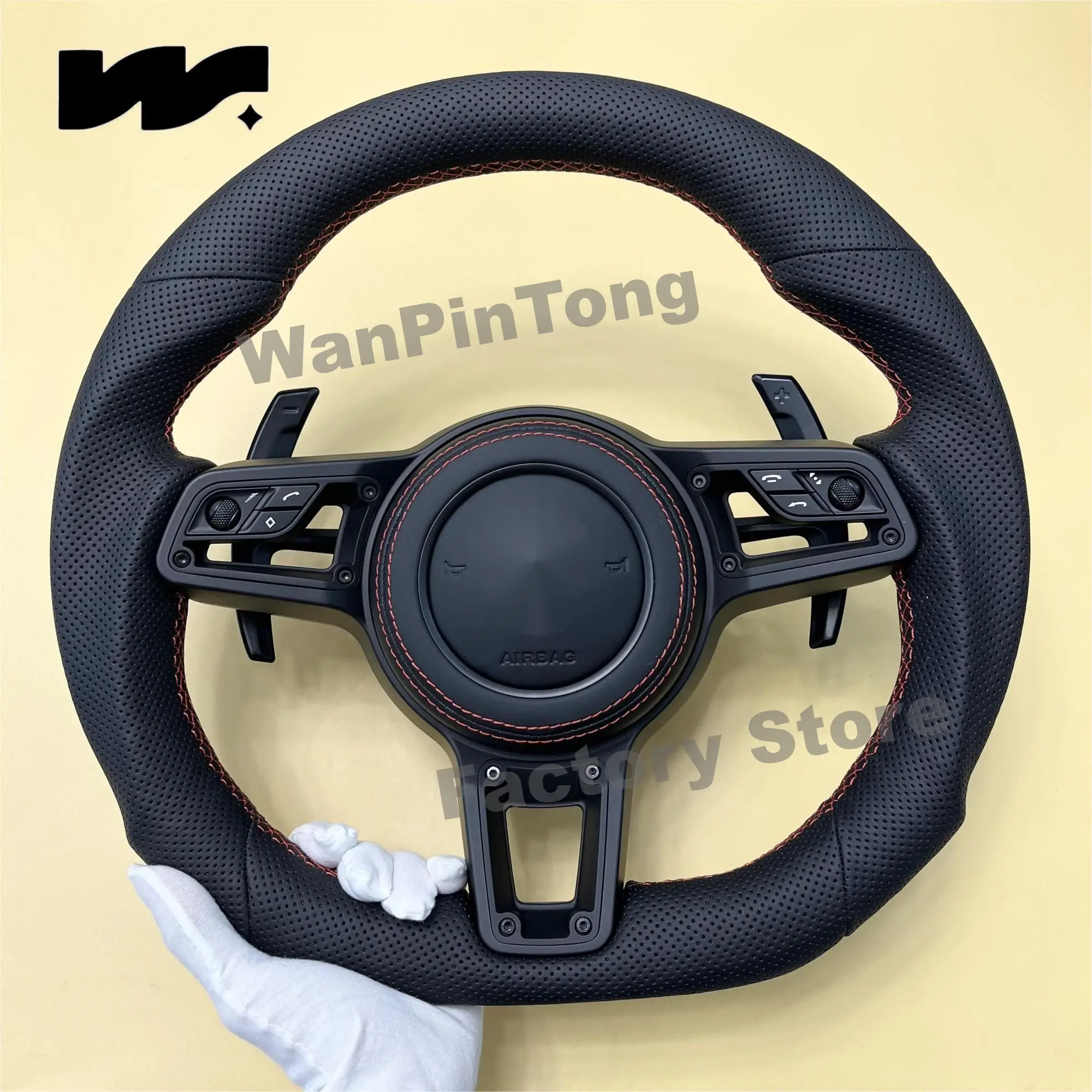

Customized for Porsche, black perforated leather sports style steering wheel, Cayenne Macan Boxster Cayman Taycan Panamera