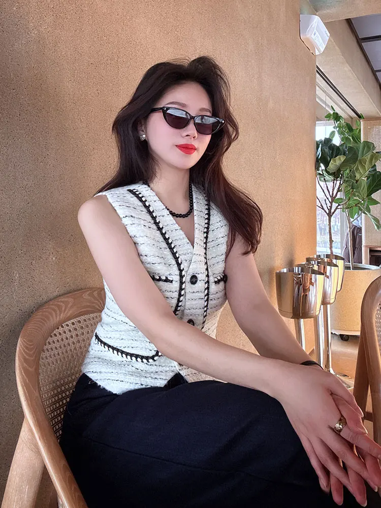 

Жилет женский Yang Xiao Jing из твидовой шерсти с V-образным вырезом, весна-лето, комфортный, регулируемый, верхняя одежда