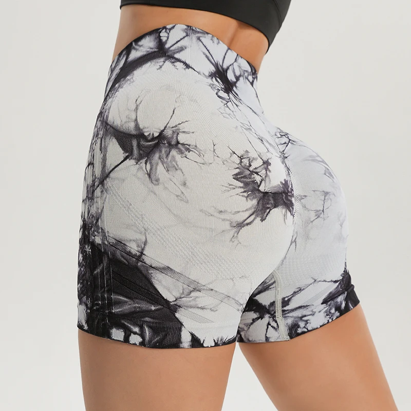 Seamless Tie Dye Style High Waist Quick Dried Fitness Triple Pants Honey Peach Hip Lift Yoga Sports Tight Shorts