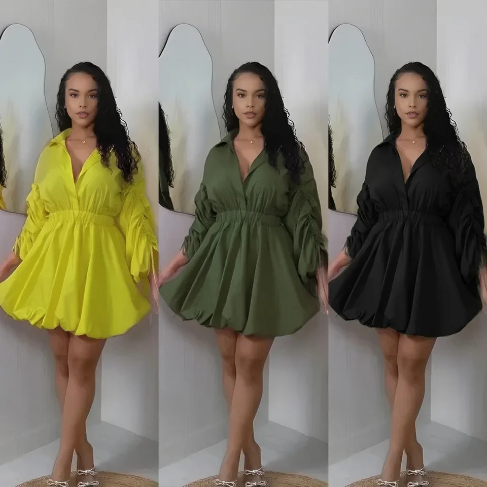 

2025 New Shirt Collar Drawstring Sleeve Waist Tying Puffy Skirt Long Sleeve Dress Yellow Army Green Black Three Colors Optional