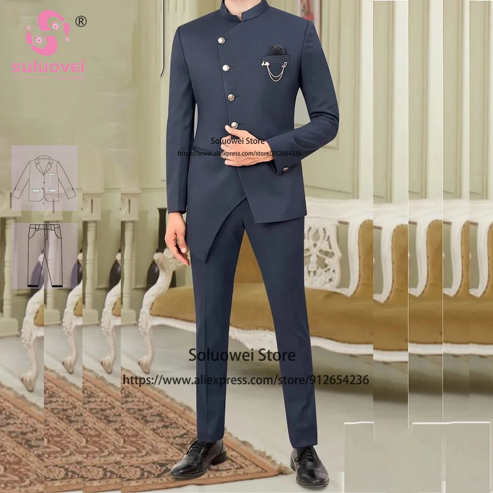 

Fashion Indian Style Tradition Suits For Men Wedding 2 Piece Pants Set Formal Groom Dinner Party Small High Collar Tuxedo Blazer